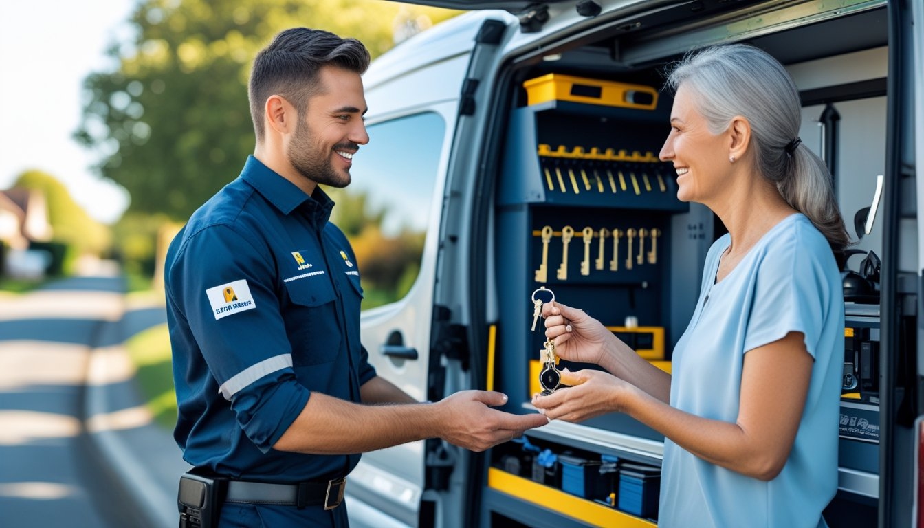 A locksmith in uniform handing keys to a happy customer beside a work van on a suburban street.