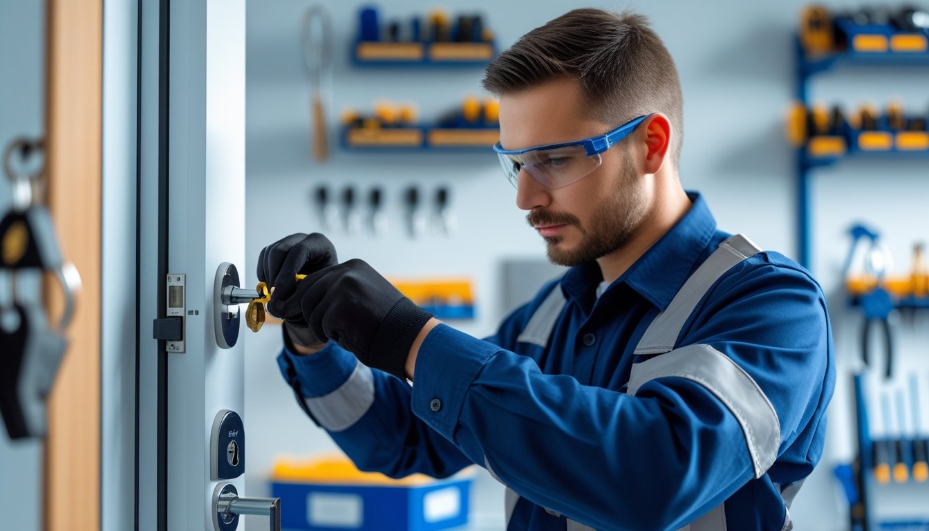 A locksmith working carefully on a door lock in a bright workshop surrounded by tools and keys.