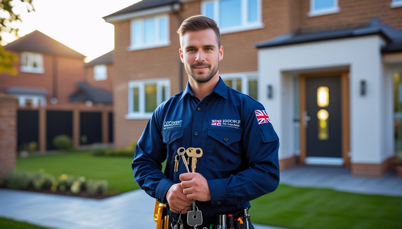 A locksmith in uniform holding tools stands in front of a residential door of a UK house.
