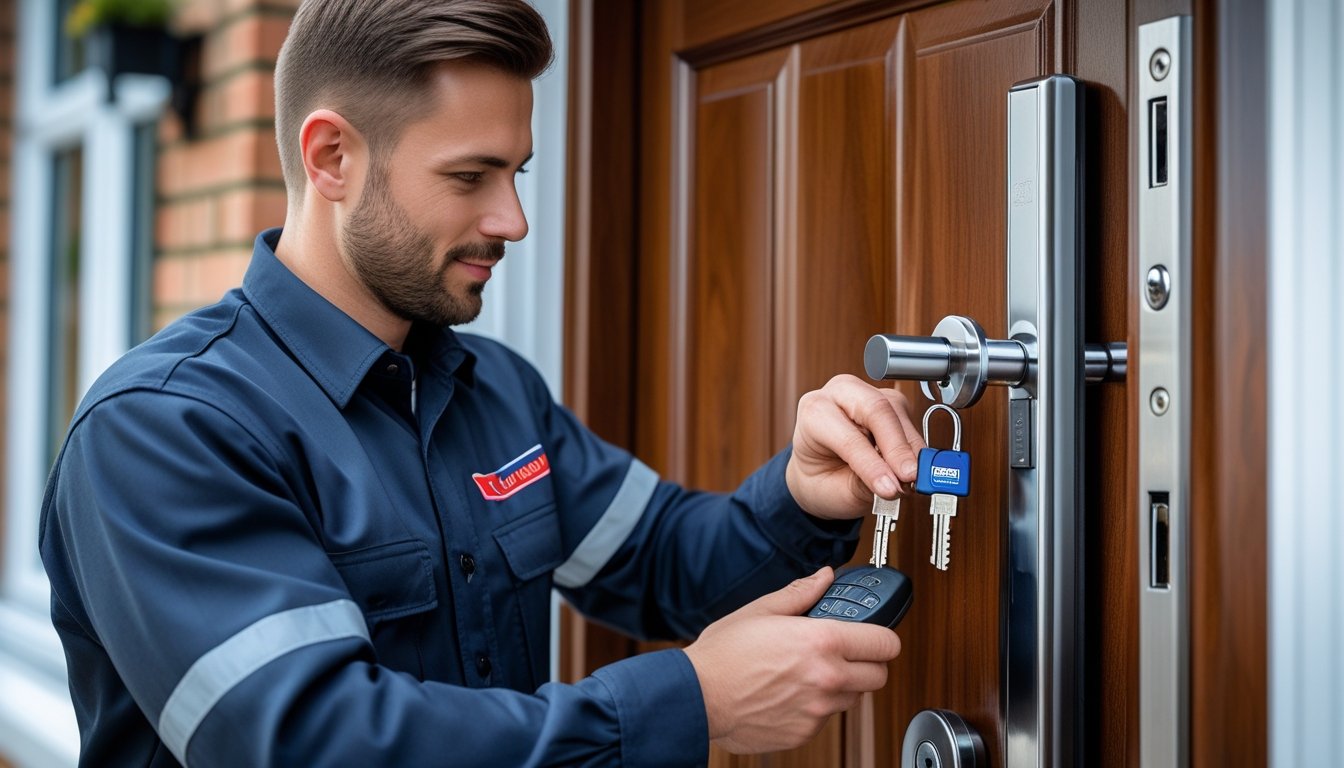 A locksmith in uniform working on a residential door lock at a home entrance in the UK.