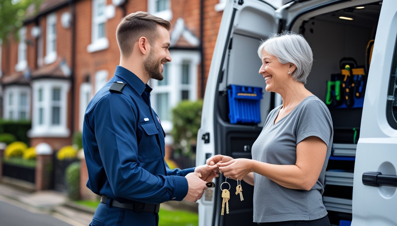 A locksmith in uniform handing keys to a homeowner outside a house on a British residential street.