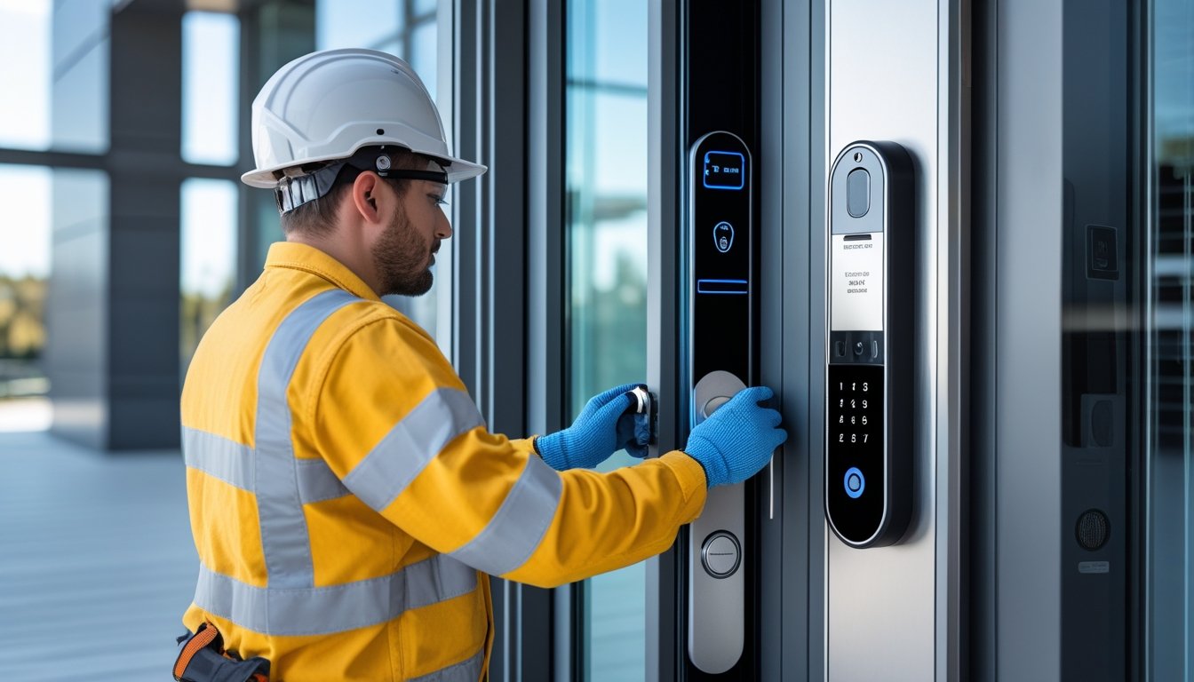 A technician wearing safety gear installing an advanced electronic door lock on a modern building entrance.