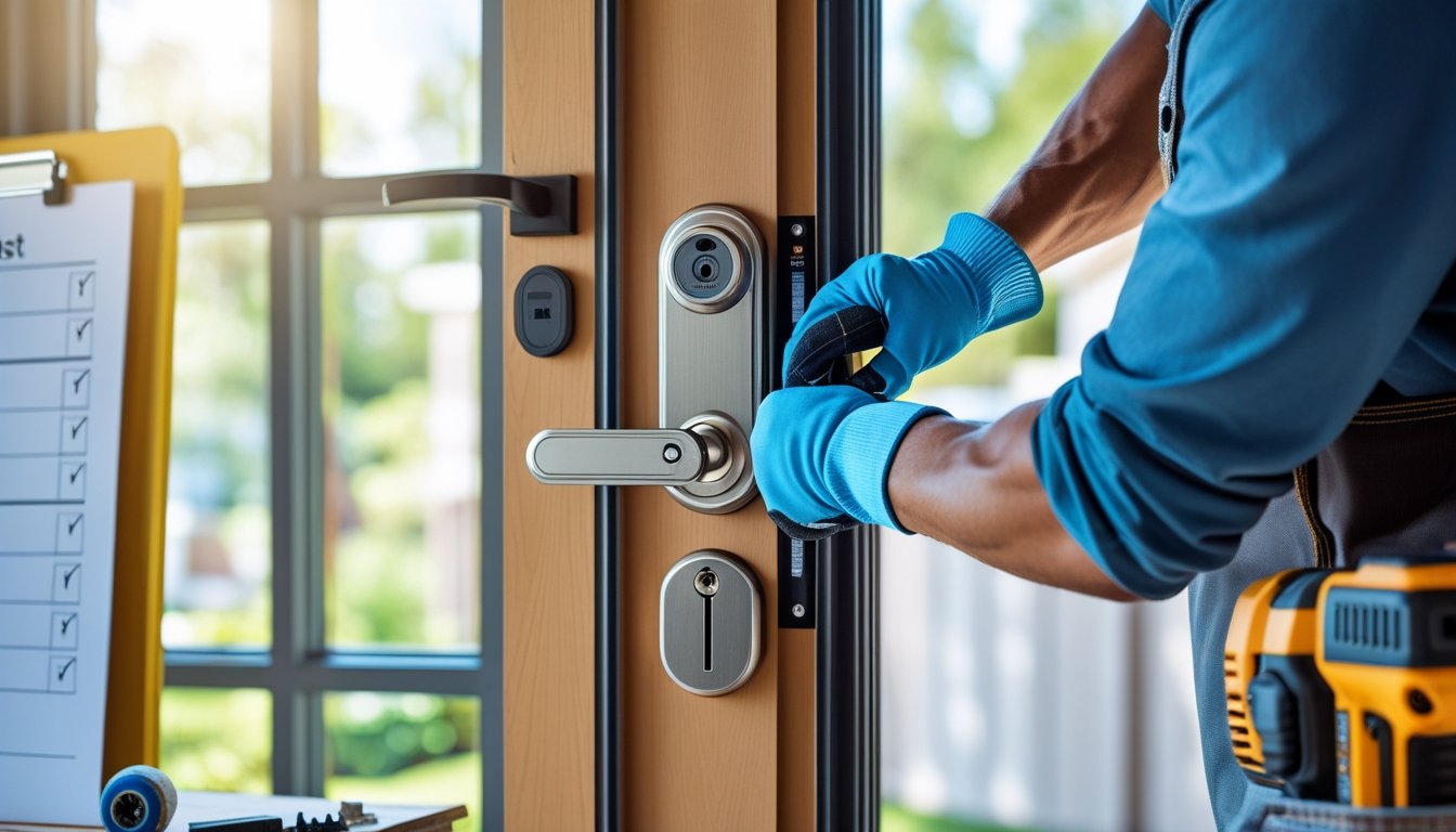 A person inspecting a secure front door lock during a home renovation with tools visible on a nearby workbench.