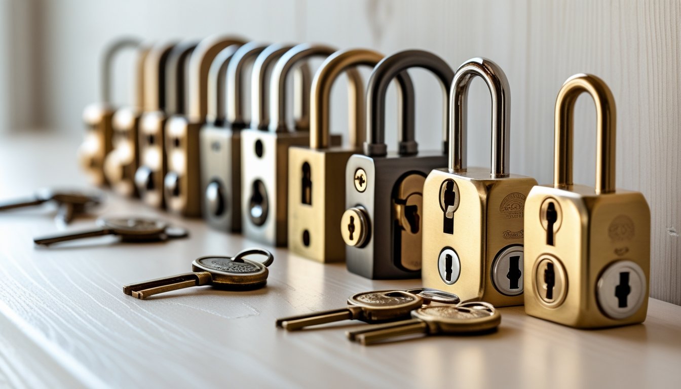 Close-up view of several metal locks and keys arranged on a wooden surface.