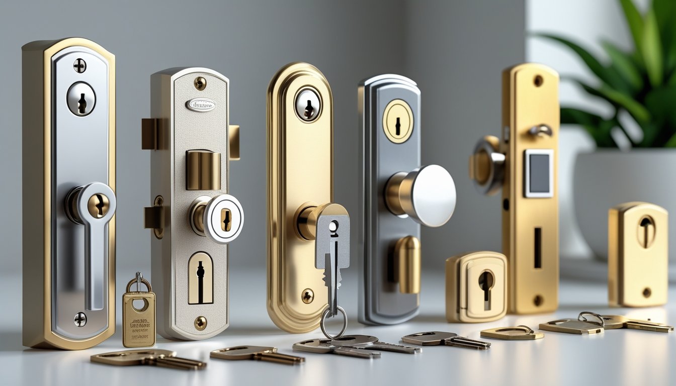 Various British locks and home security devices displayed on a clean surface.