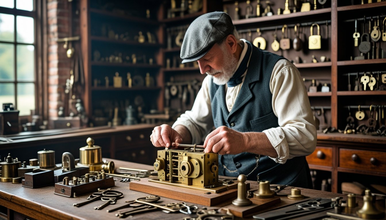 An elderly locksmith working on an intricate brass lock in a workshop filled with antique locks, keys, and tools.