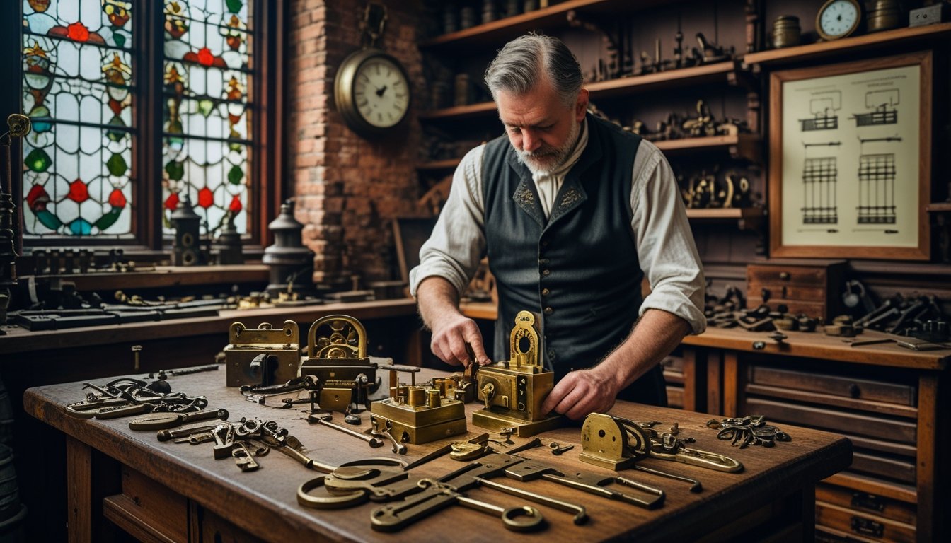 A Victorian-era locksmith in a workshop repairing an ornate brass lock surrounded by antique tools and lock parts on a wooden bench.