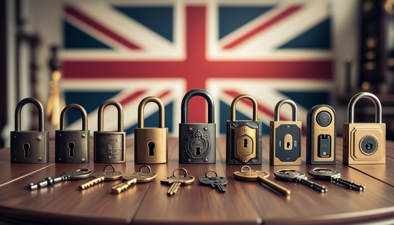 A display of various British locks and keys arranged in a timeline from antique to modern designs on a wooden table with a blurred British flag in the background.