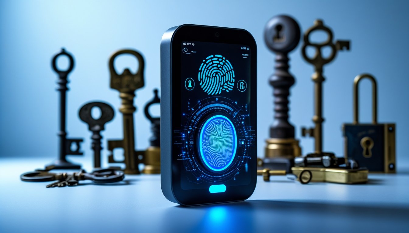 A digital fingerprint scanner with holographic lock elements in front of traditional locksmith tools including old keys and locks on a modern workspace background.