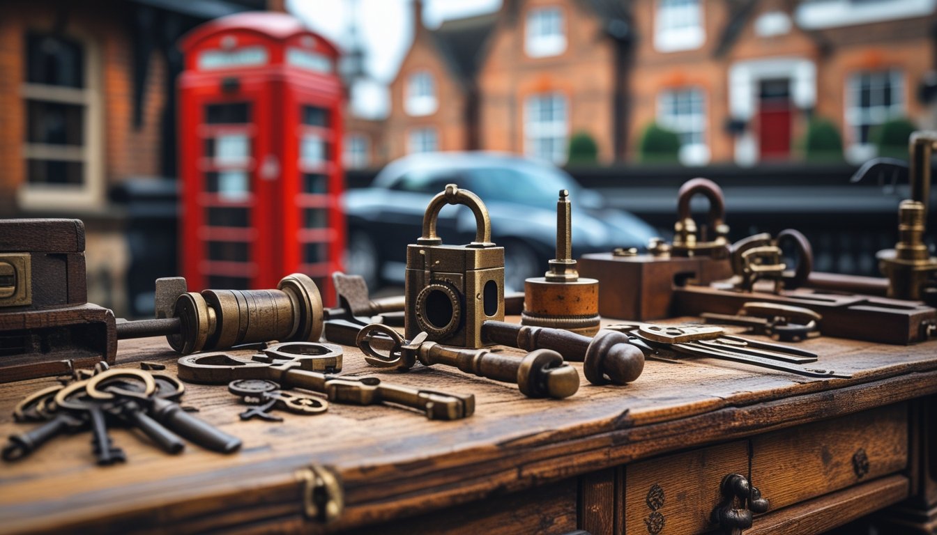 A workbench with vintage locksmith tools and old keys, set against a background of traditional British buildings.