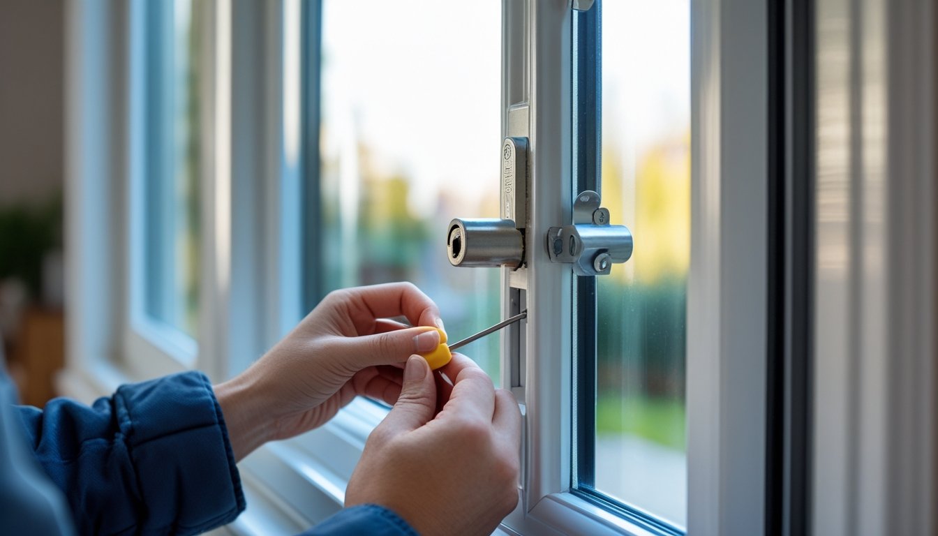Hands adjusting a window lock on a white-framed double-glazed window inside a UK home.
