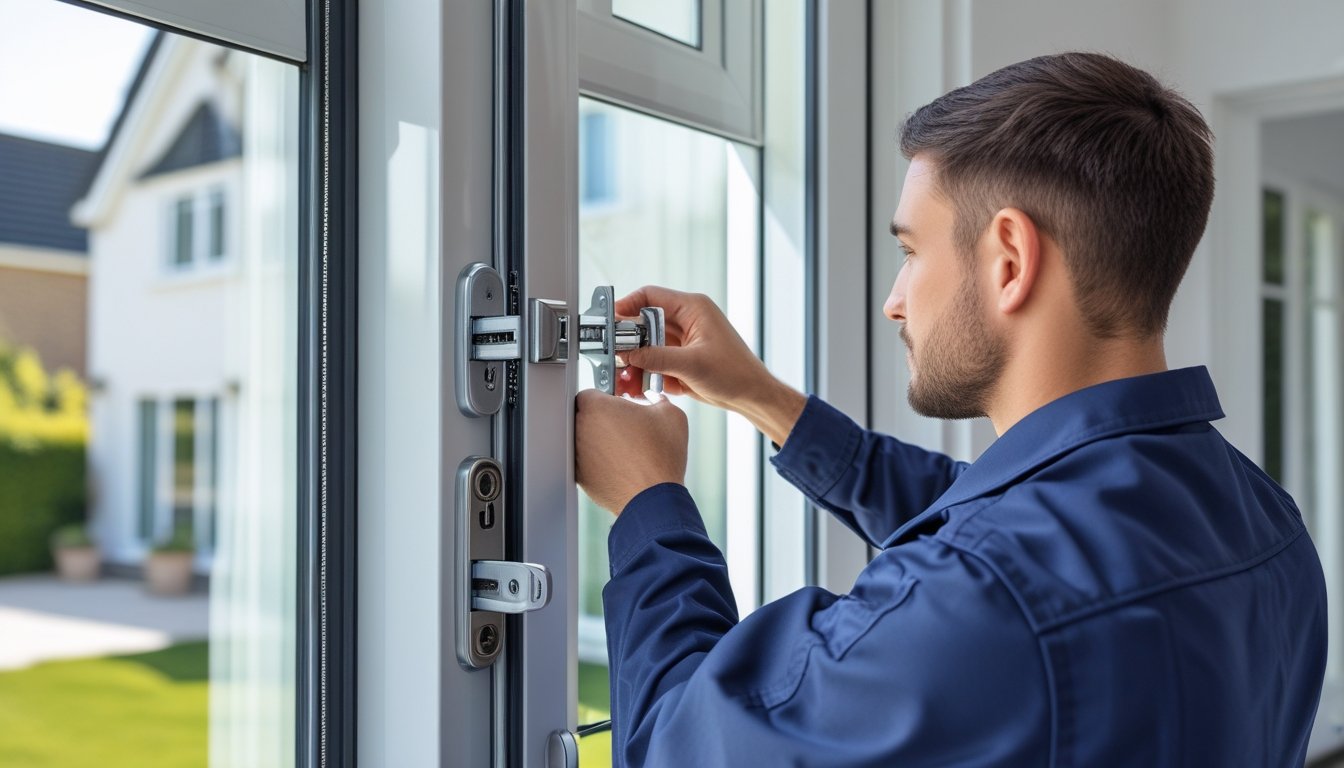 A professional inspecting and upgrading advanced window locks on a modern UK home window.