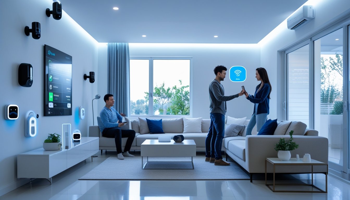 A modern living room with smart security cameras, a digital control panel, smart locks, and connected devices, showing a family using a smartphone to manage home security.