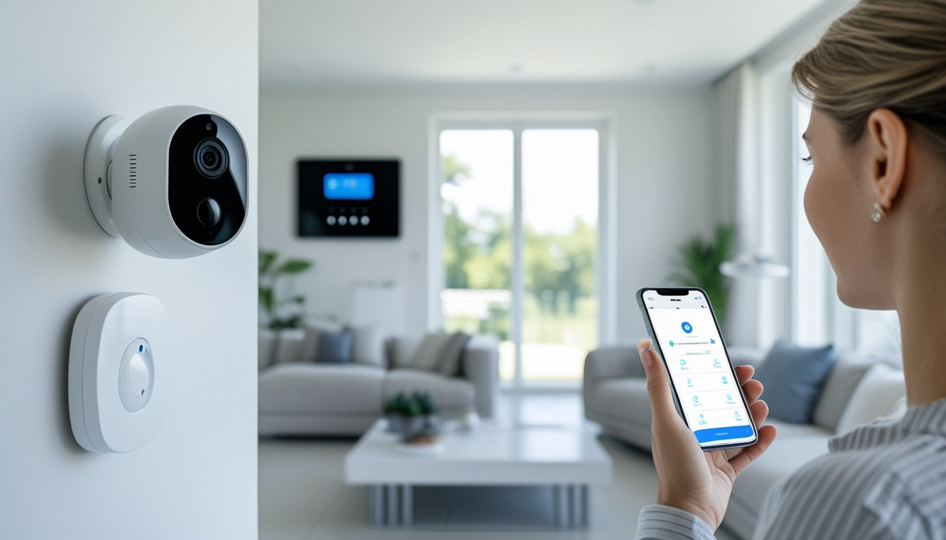 A modern living room with a smart security camera, a digital control panel on the wall, and a person using a smartphone to manage home security.