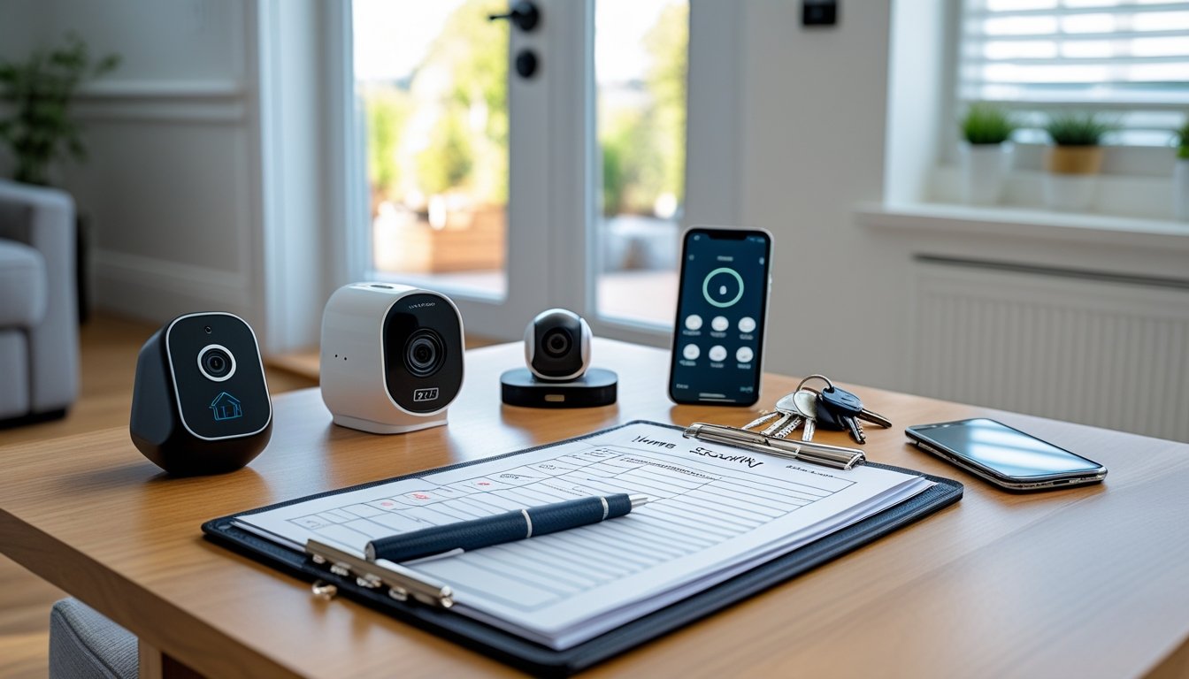 A living room table with a checklist, pen, smart door lock, security camera, keys, and smartphone, with a secure front door and window in the background.