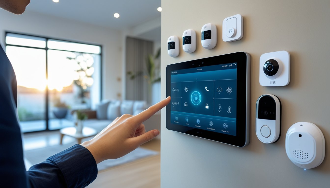 A hand interacting with a smart home security control panel inside a modern living room, surrounded by security devices like cameras and sensors.