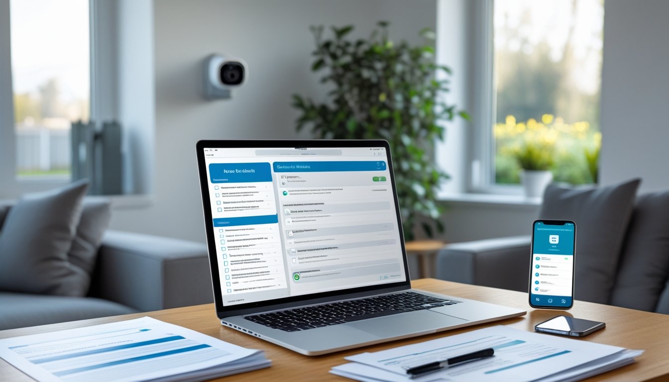 A modern living room with a laptop showing a digital checklist, printed documents, a smartphone with a security app, and a smart security camera near a window.