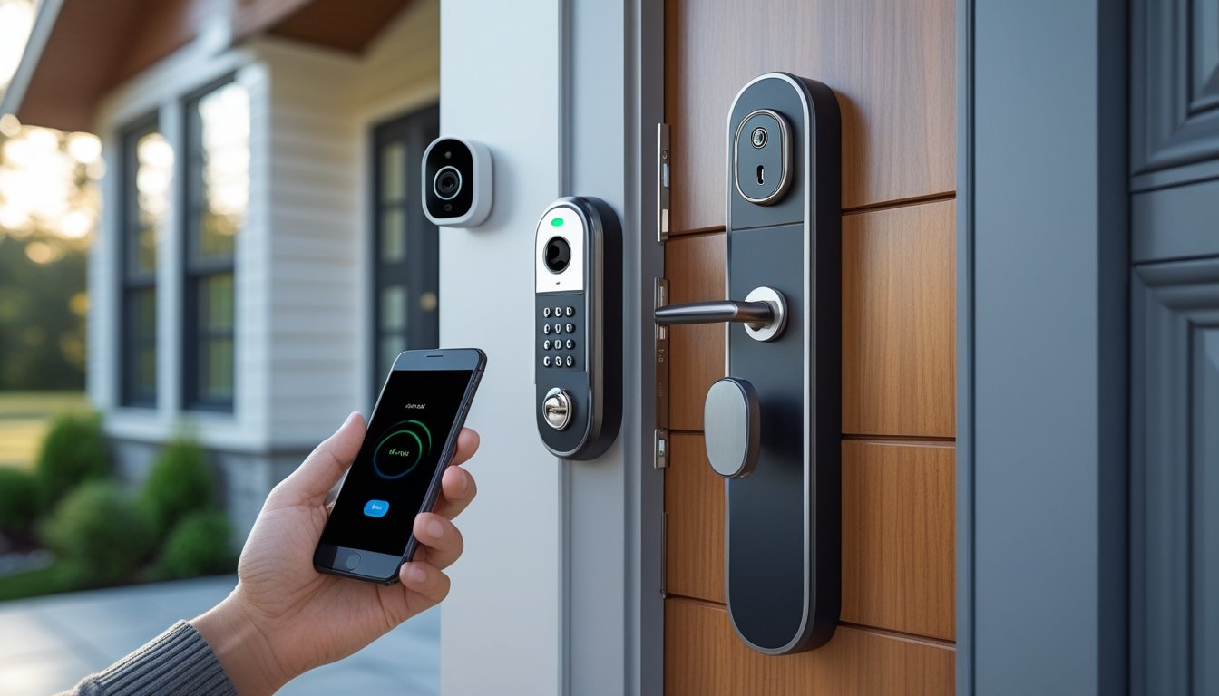 Close-up of a modern home door with a smart lock, a hand holding a smartphone nearby, and security devices like a video doorbell and keypad lock visible.