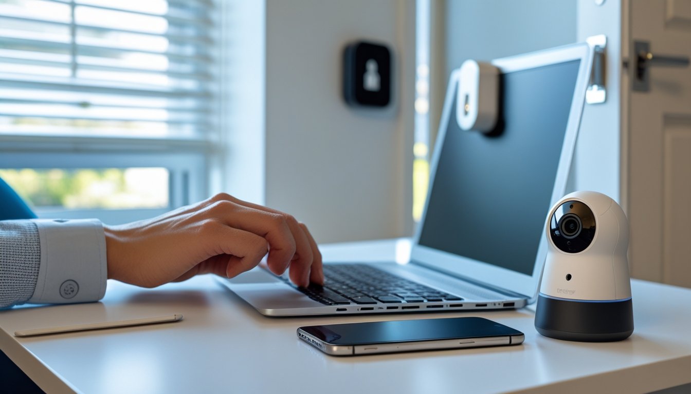 A home office desk with a laptop, smartphone, smart security camera, and a person entering a password, with a window and door in the background.