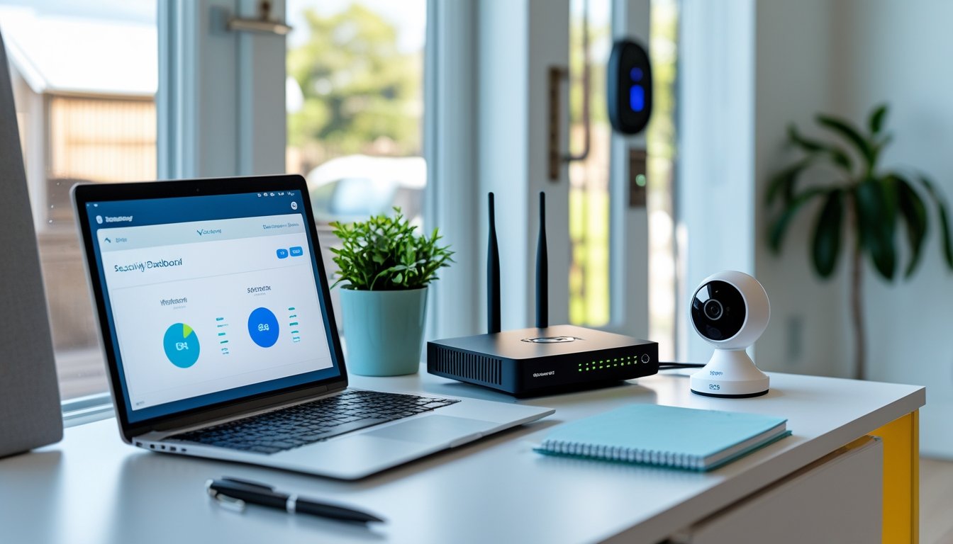 A home office with a laptop, wireless router, smart security camera, and a secure front door with a smart lock visible in the background.