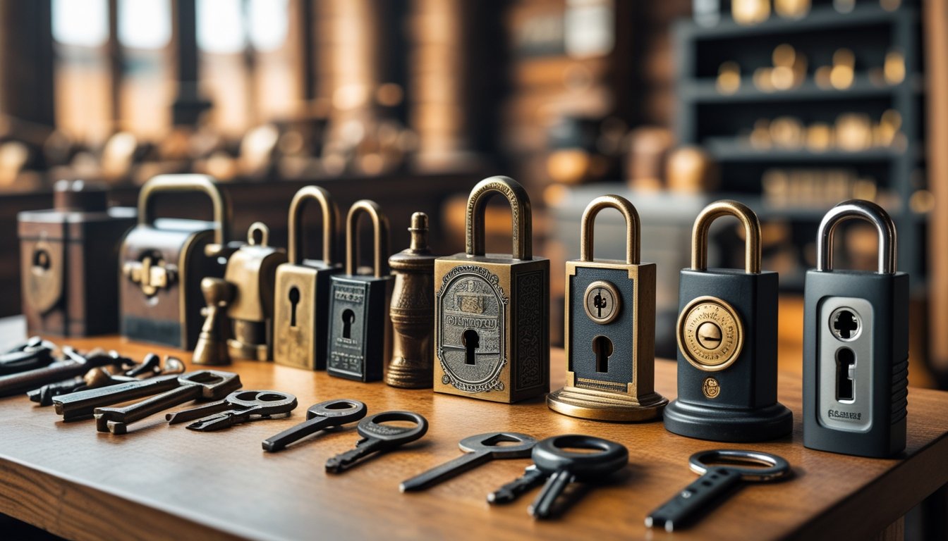 A display of various locks and locksmith tools arranged in chronological order, showing the progression from old skeleton keys and traditional locks to modern electronic and smart locks on a wooden table.