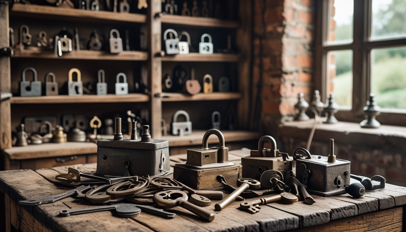 A wooden workbench with vintage locksmith tools and old locks in a workshop with a brick wall background.