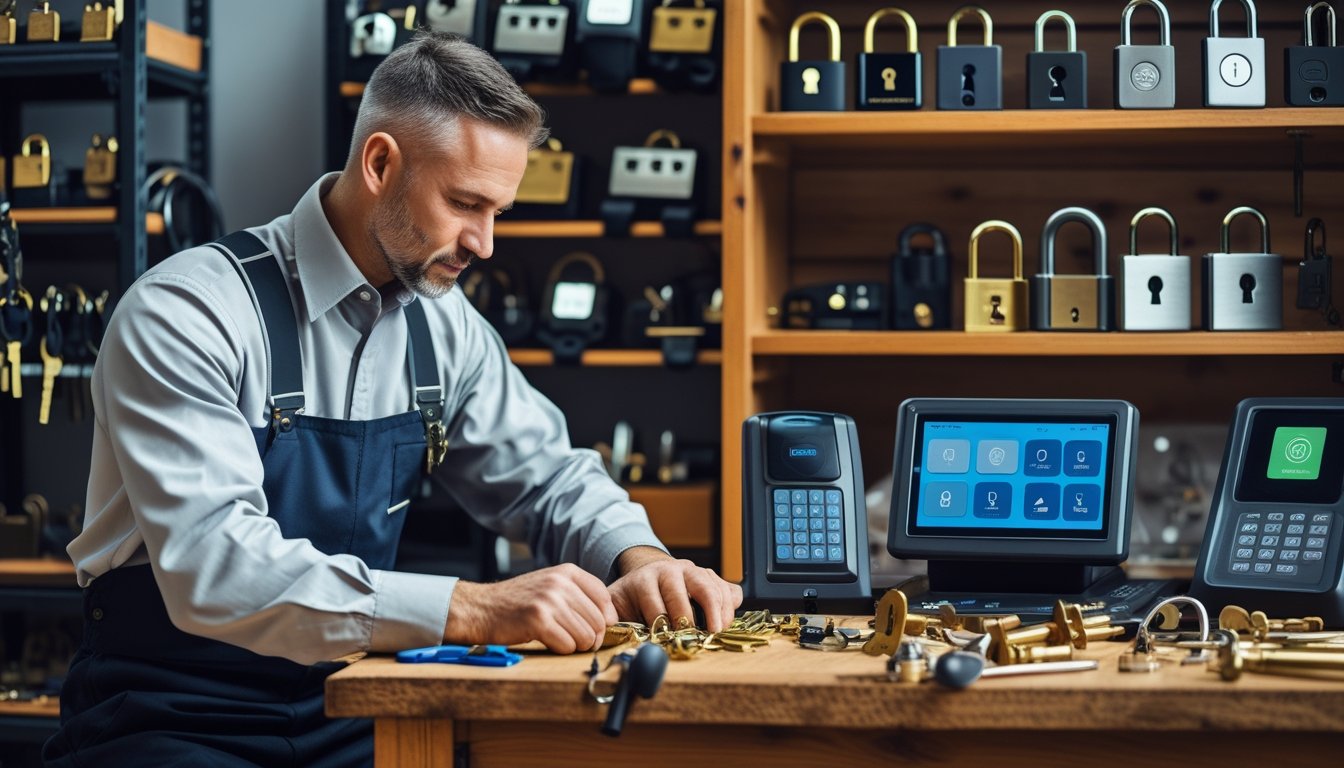A locksmith working at a bench with traditional tools and modern digital locksmith equipment in a workshop.