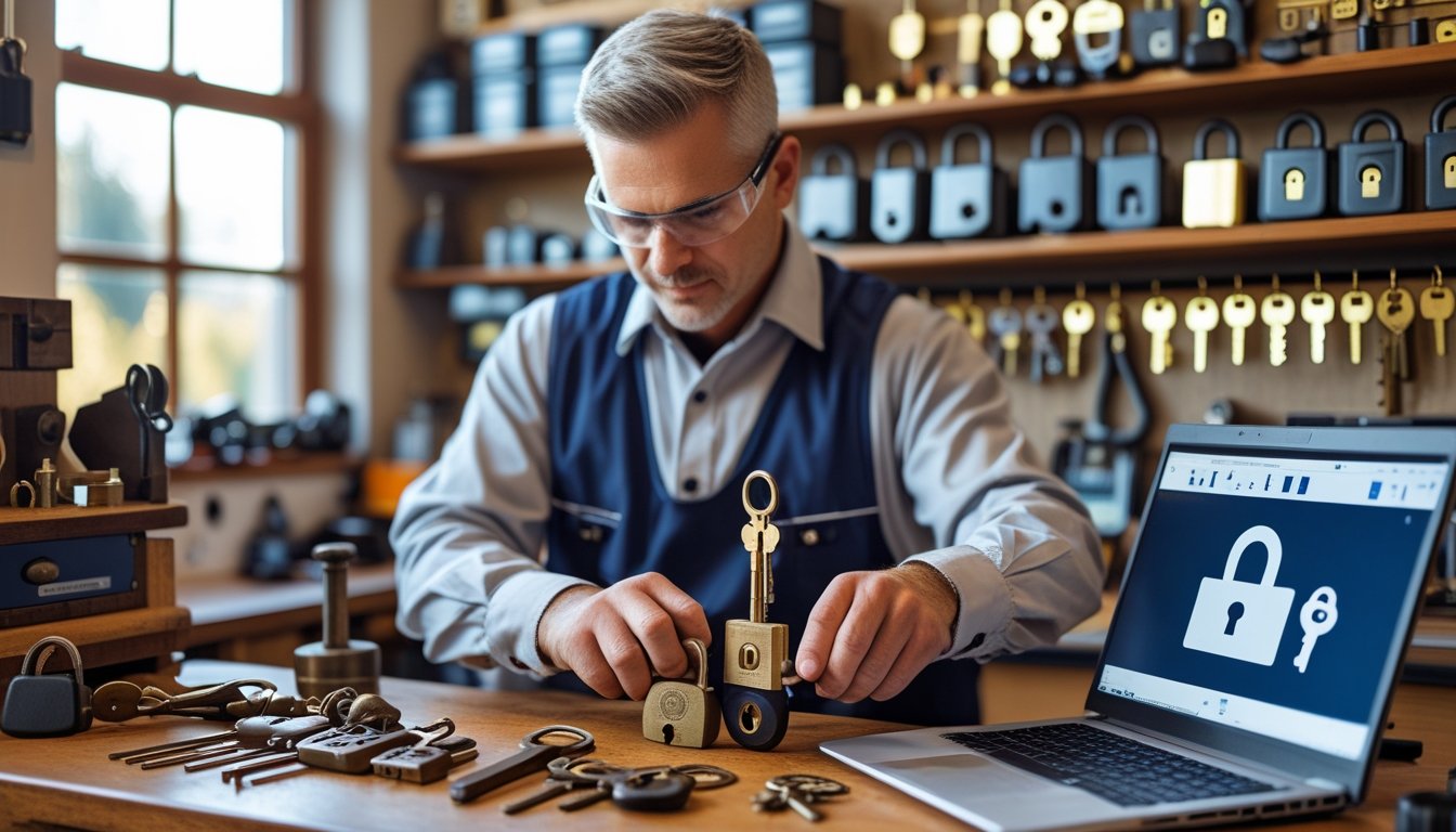 A locksmith working at a bench with traditional lock tools and modern digital equipment in a well-organised workshop.