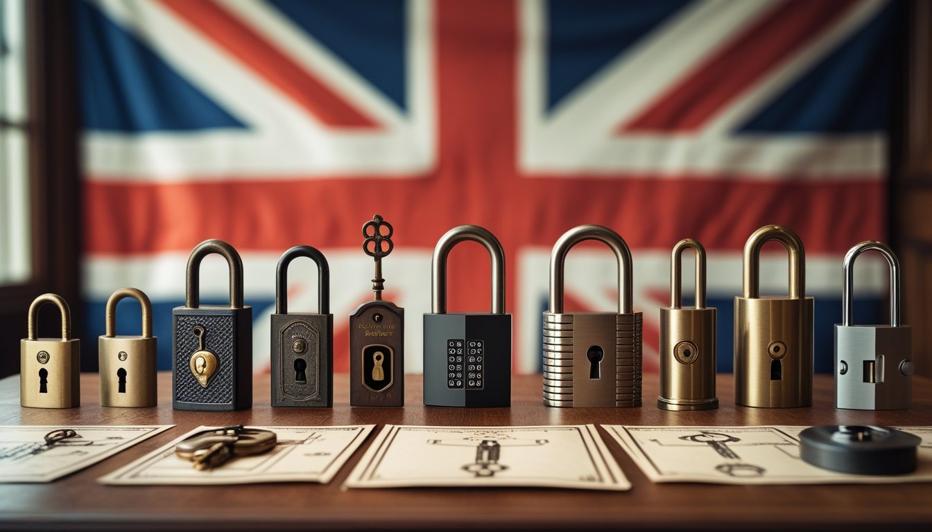 A table showing a collection of British locks from old-fashioned padlocks to modern smart locks with a faint Union Jack flag in the background.