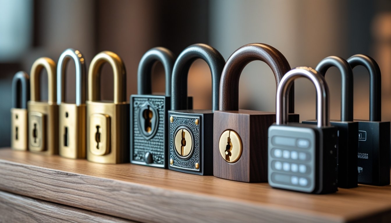 A close-up of various traditional and modern British locks arranged on a wooden surface.