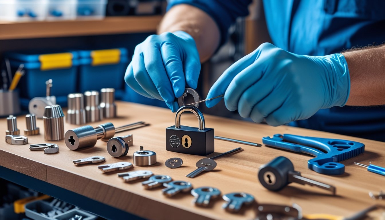 Close-up of hands working on a home lock mechanism with tools on a wooden workbench surrounded by lock parts.