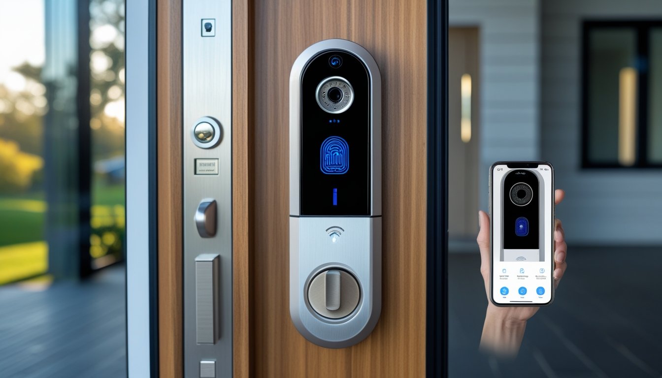 A modern front door with an advanced smart lock, a security keypad, and a smartphone showing a home security app.