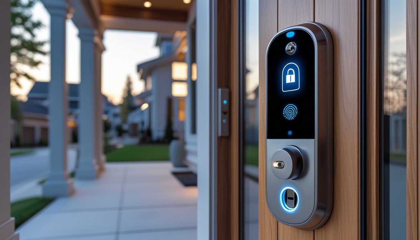 Close-up of a modern front door with a digital smart lock and keypad in a suburban home setting.