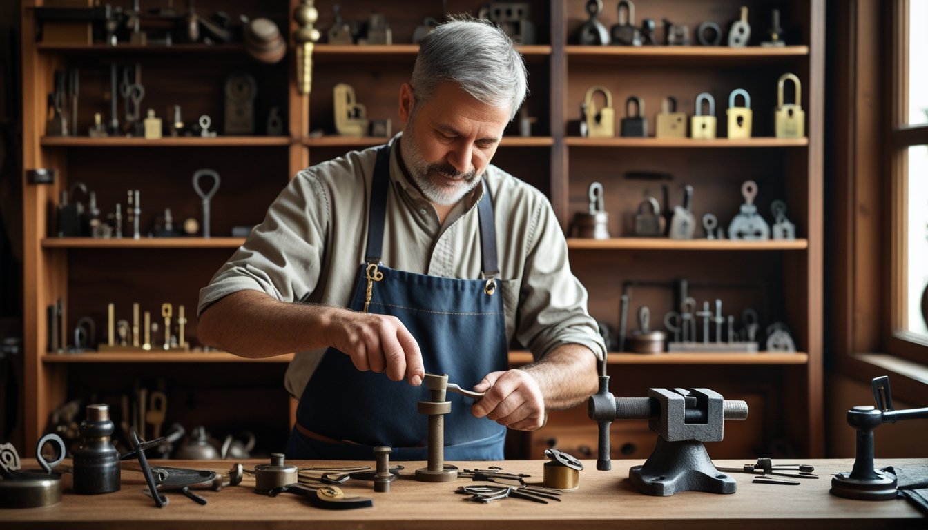 A locksmith handcrafting an old-fashioned key in a workshop filled with antique locks and tools.
