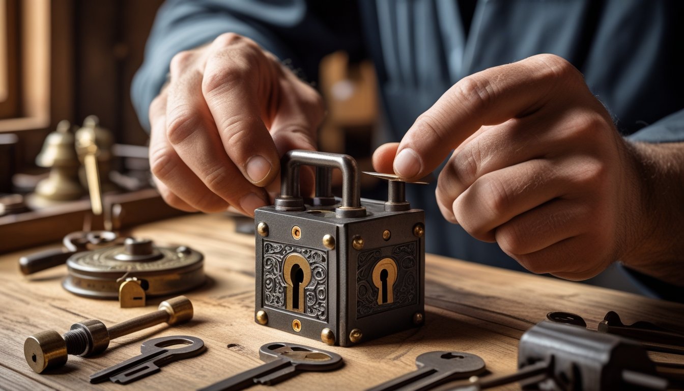 A locksmith working with traditional tools on an old lock at a wooden workbench filled with antique locks and keys.