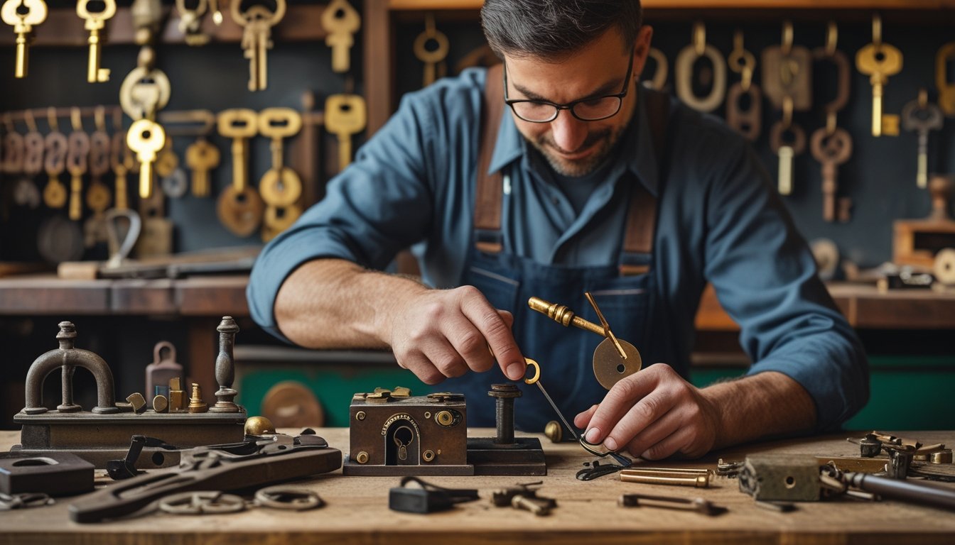 A locksmith working with traditional tools on an old lock in a workshop filled with vintage keys and locks.