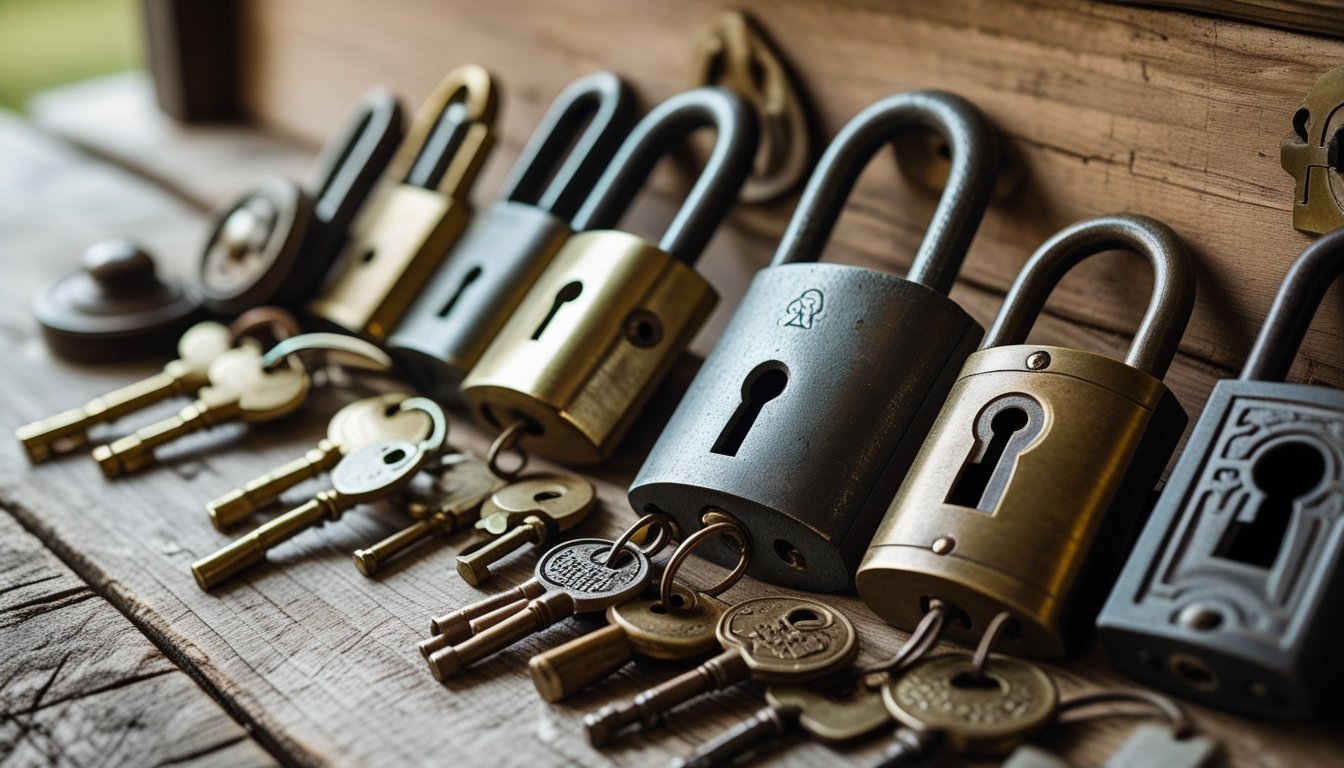 Close-up of several old-fashioned door locks and keys arranged on a wooden surface.