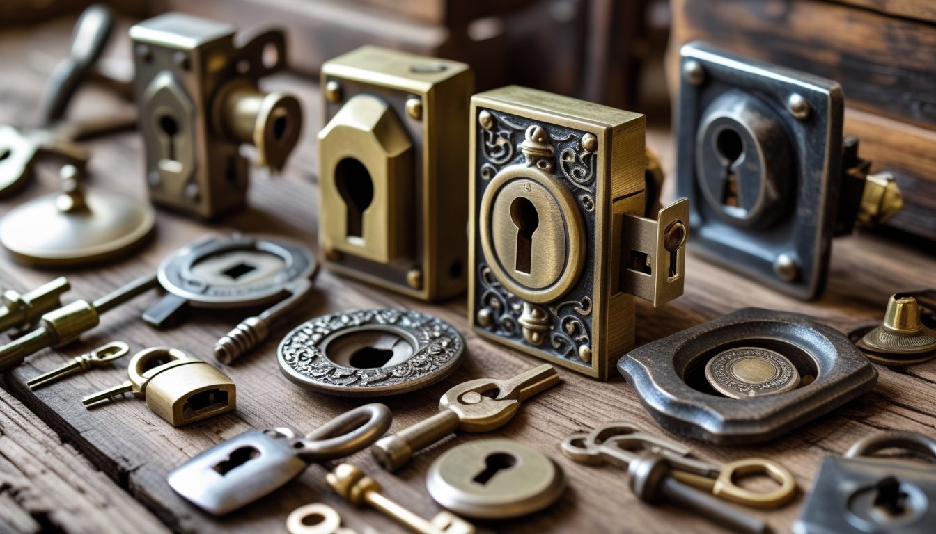 Close-up image of several vintage metal locks and old keys arranged on a wooden surface with locksmith tools nearby.