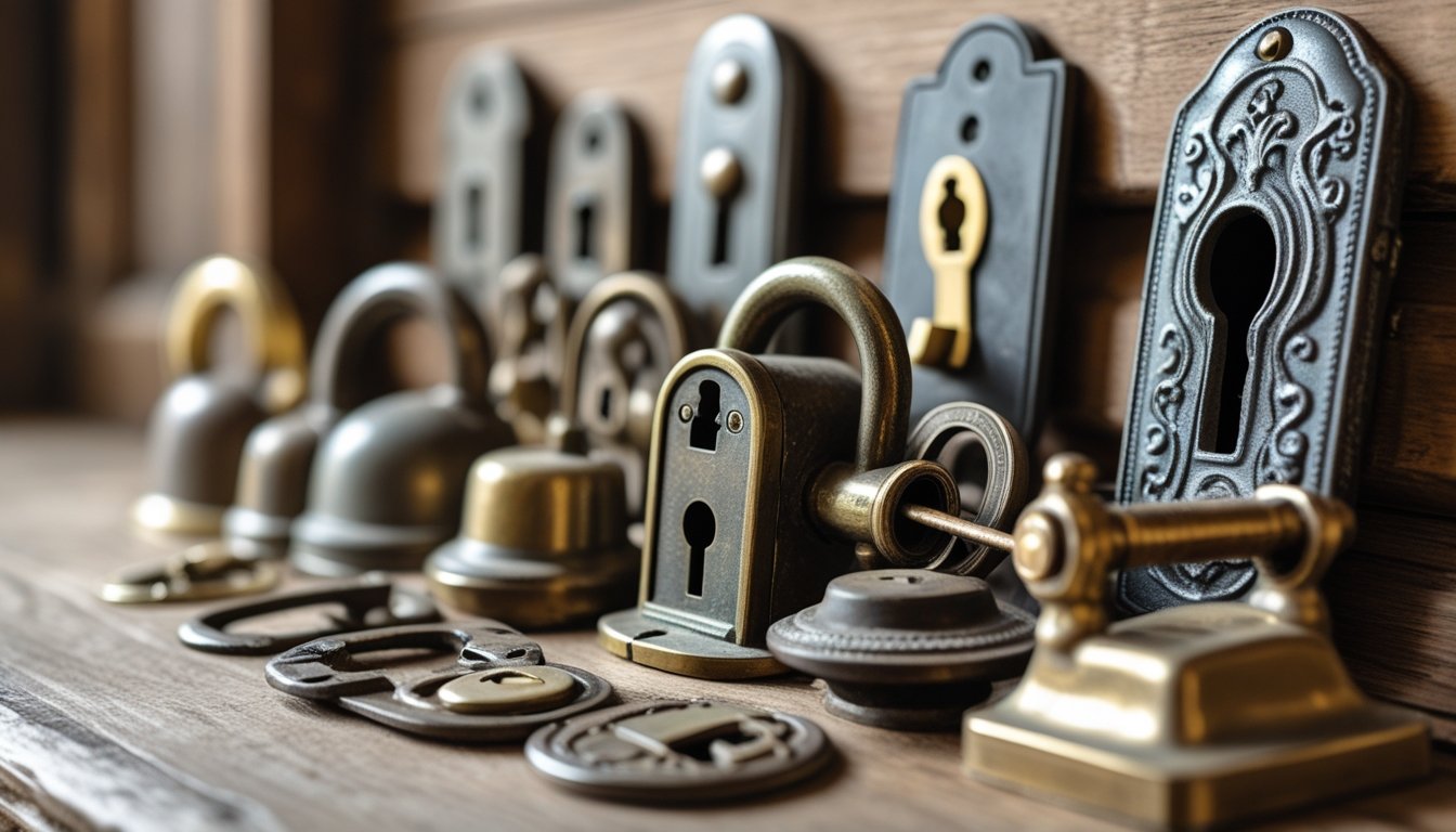 Close-up of several vintage metal locks and keyholes arranged on a wooden surface.