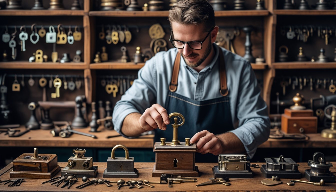 A locksmith working in a workshop surrounded by vintage locks, keys, and traditional locksmith tools.
