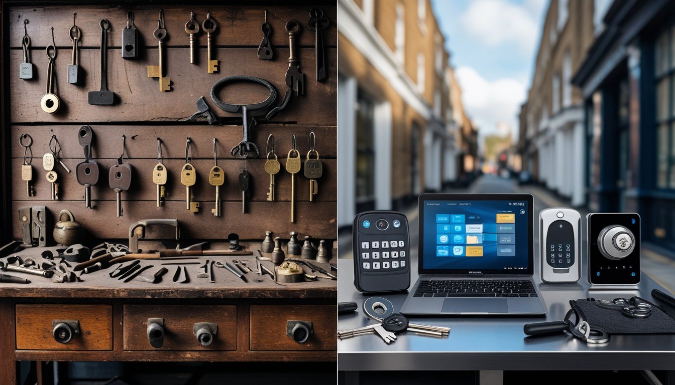 A split scene showing an old locksmith workshop with traditional tools on one side and a modern locksmith workspace with electronic security devices on the other.