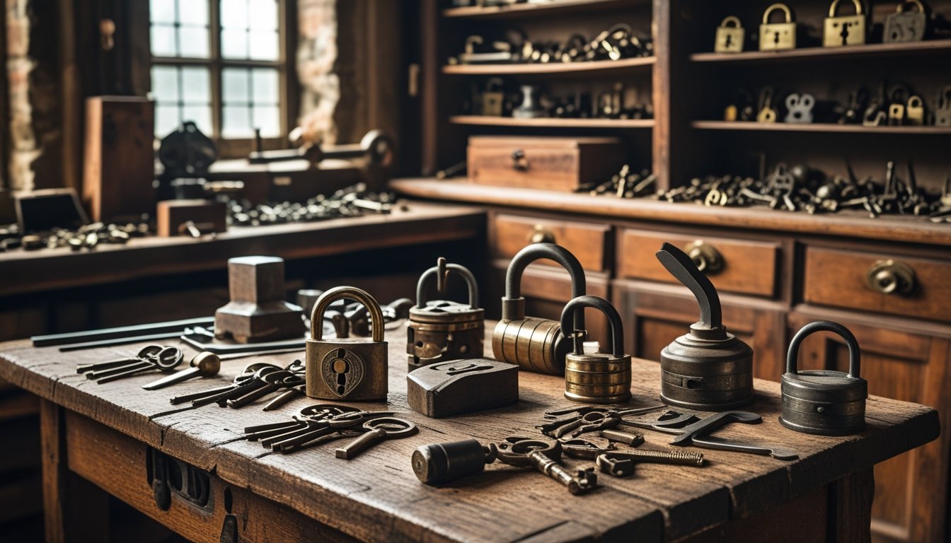 A historical locksmith workshop with vintage tools, old keys, and antique locks on a wooden workbench.