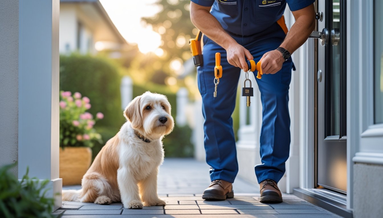 A locksmith installing a secure lock on a front door while a dog sits calmly nearby.