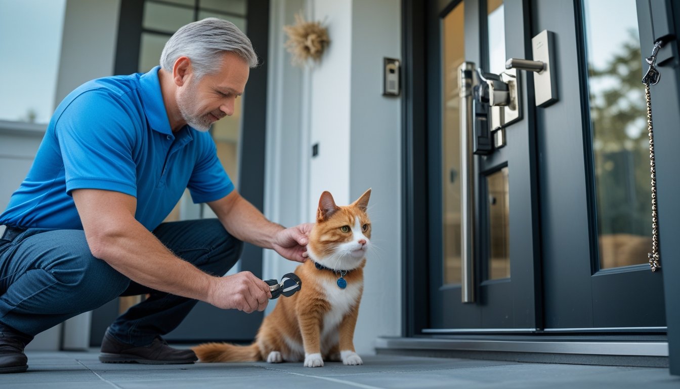 A pet owner examining a door lock with a dog sitting nearby at the home entrance.