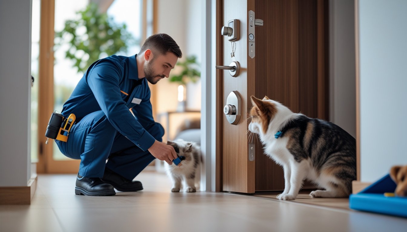 A locksmith installing a door lock in a home while a dog watches nearby.