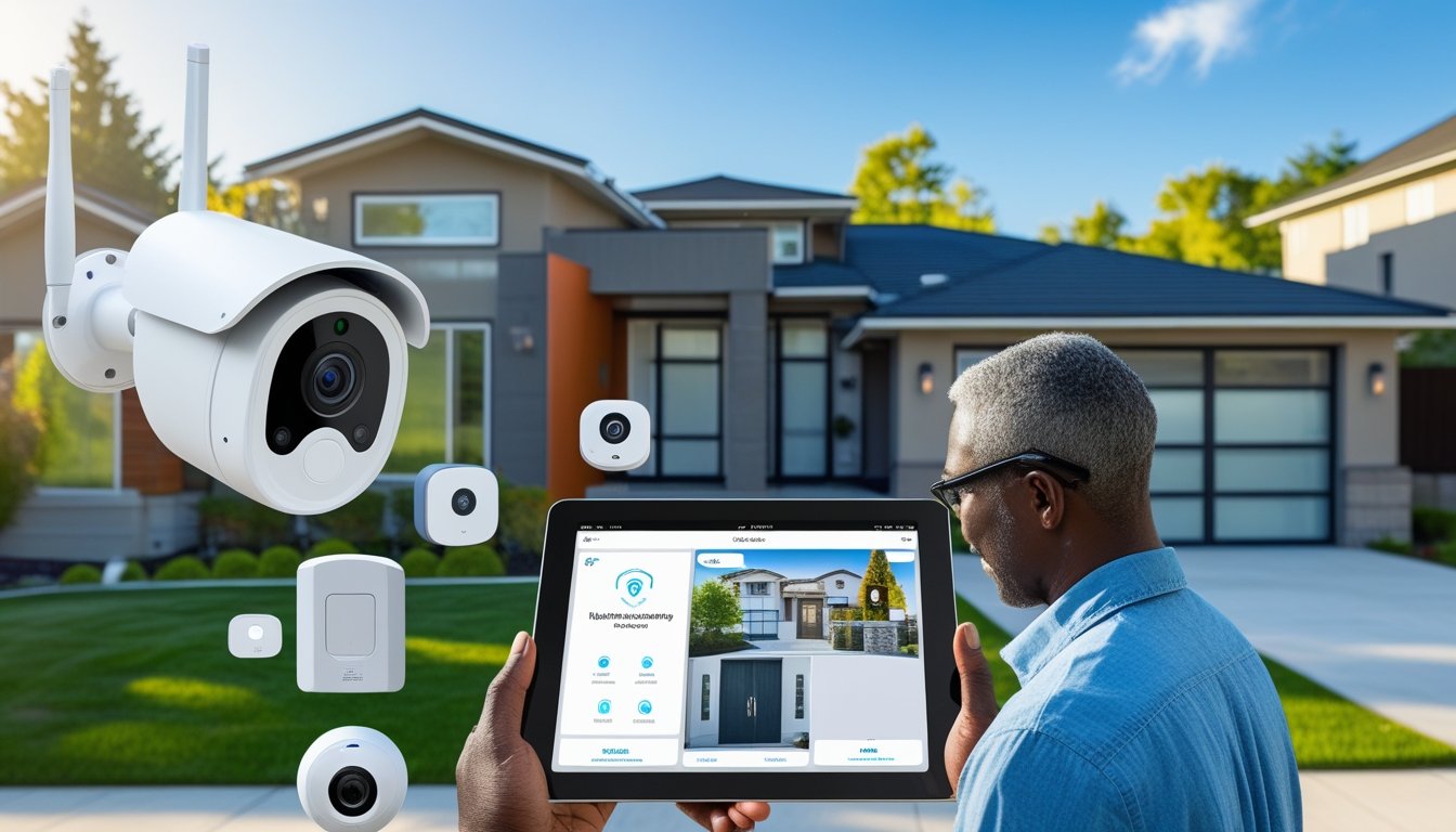A family using a tablet to control smart security devices outside a modern suburban house equipped with cameras and sensors.