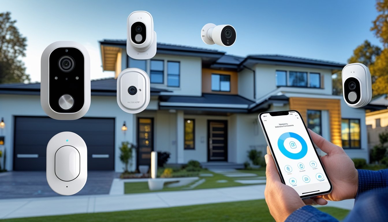 A modern suburban house with smart security devices and a person using a smartphone to control home security.