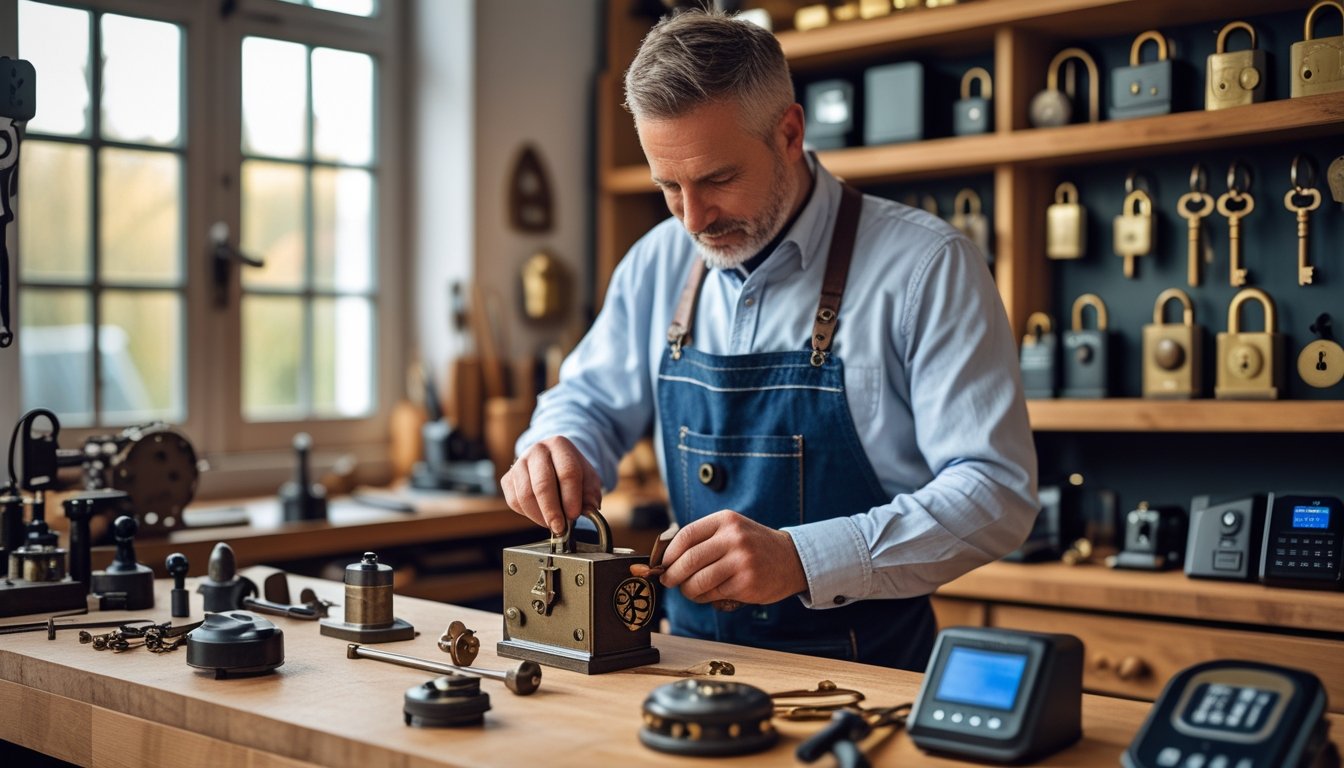 A British locksmith working on a vintage lock at a wooden bench surrounded by traditional and modern locksmith tools and locks.