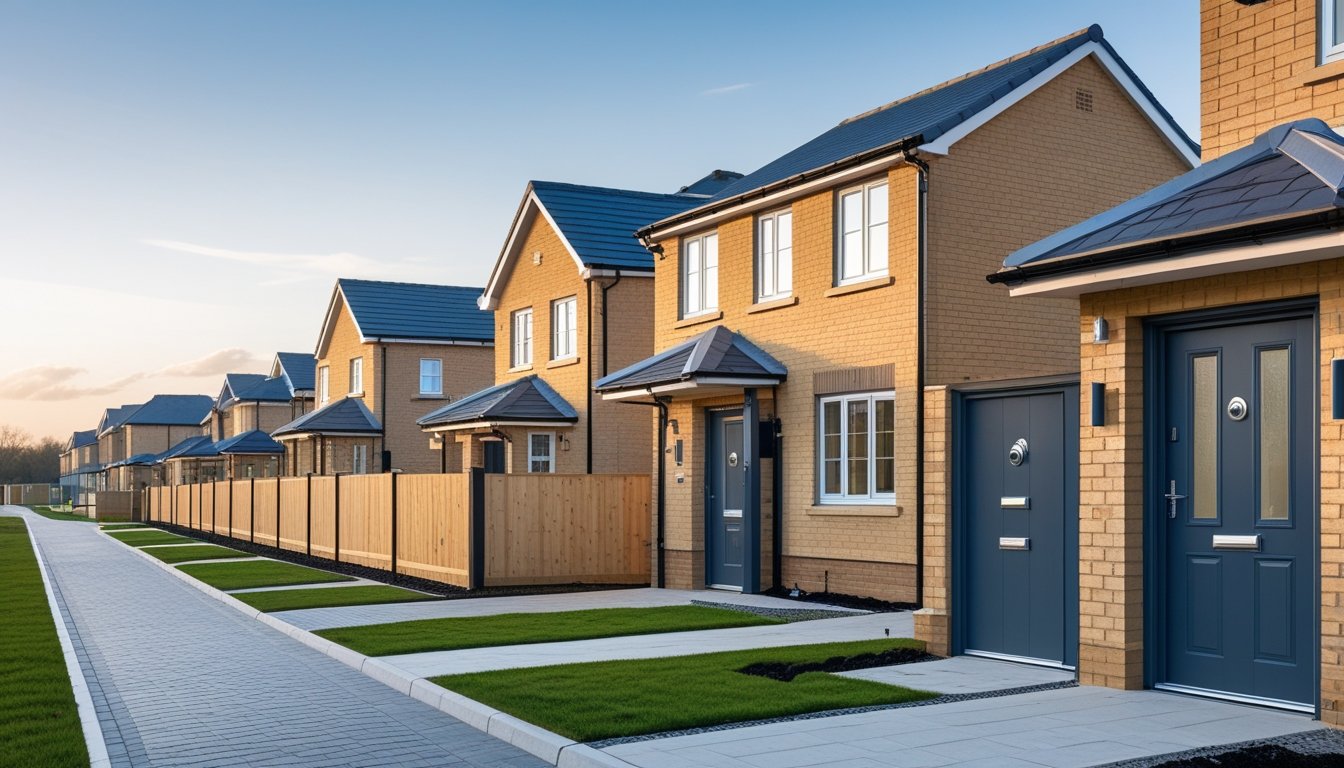 Newly built UK homes with secure doors, security cameras, fences, and a worker inspecting a door frame.