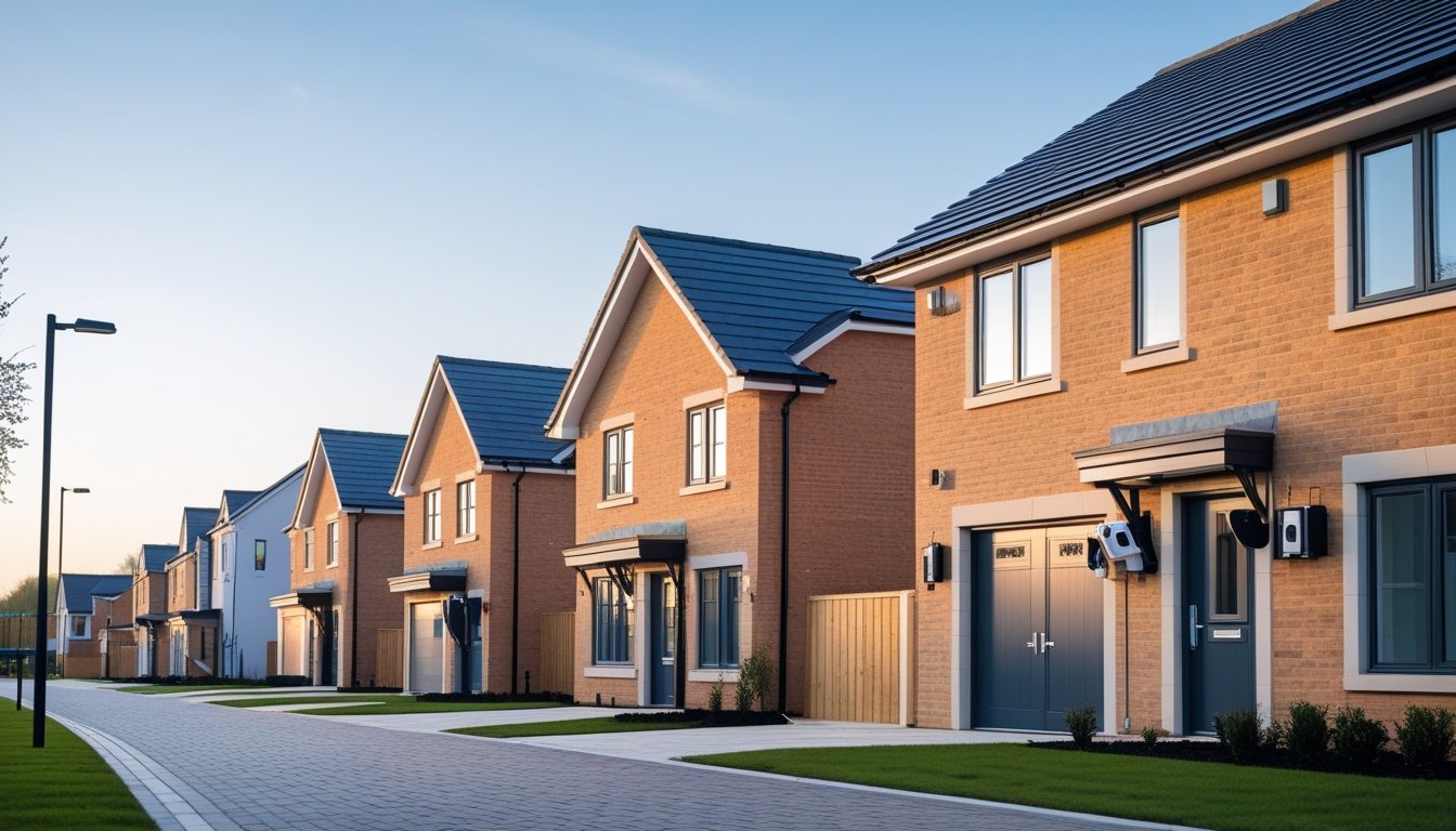 A modern UK residential street with new houses showing security features and a worker installing security devices.